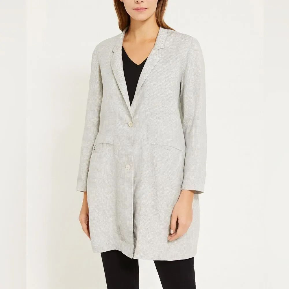 Eileen Fisher Organic Linen Longline Blazer Jacket Gray Check Size M